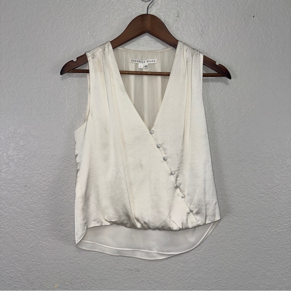Veronica Beard Cream Satin V-Neck Sleeveless Blouse